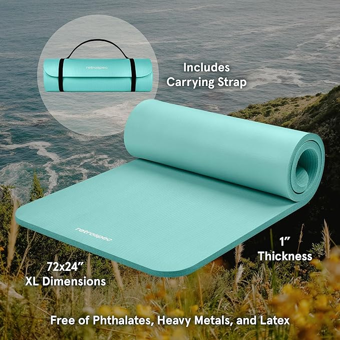 Retrospec Solana Yoga Mat 1" Thick w/Nylon Strap for Men & Women - Non Slip Exercise Mat for Home Yoga, Pilates, Stretching, Floor & Fitness Workouts - Blue Lagoon-FlexoryFit