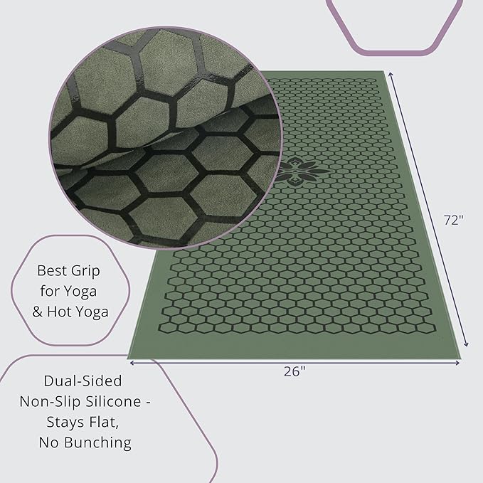 Clever Yoga Non-Slip Hot Yoga Towel – Non-Slip Grip for Hot Yoga, Sweat Absorbent, Honeycomb Silicone Grip, Stays Flat – Ideal for Pilates, Travel, Washable & Lightweight - Olive-FlexoryFit