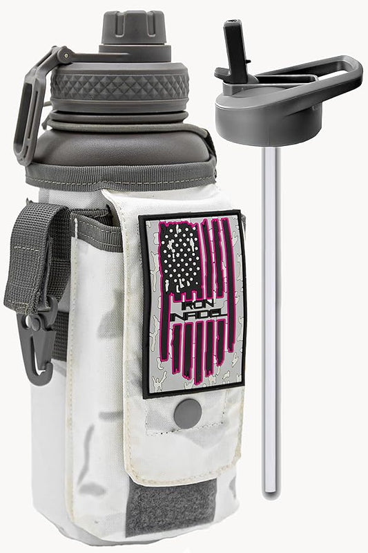 Iron Infidel Battle Bottle - 32 Oz Insulated Water Bottle with Straw Lid & Chug Cap, Stainless Steel Metal Flask Includes Rugged, Removable Sleeve for Keys, Wallet, & Phone (Arctic Camo 1 Liter)-FlexoryFit