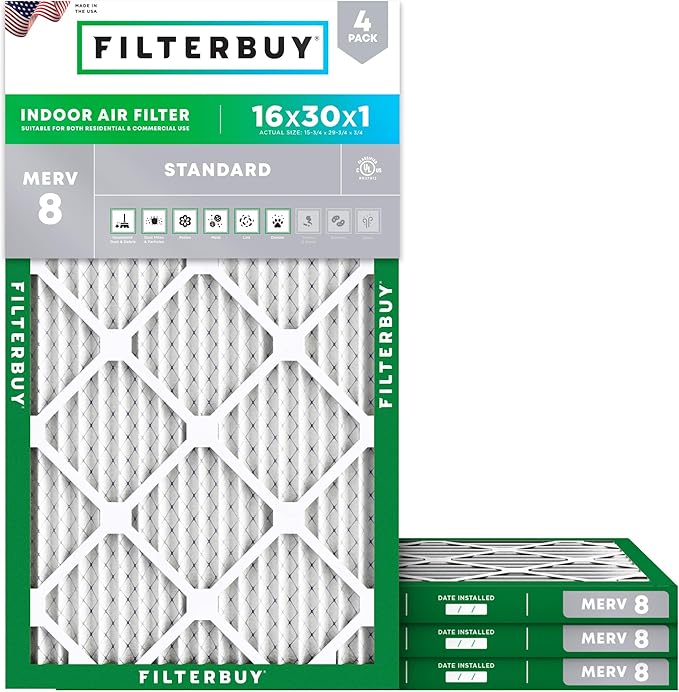 Filterbuy 16x30x1 Air Filter MERV 8 (MPR 700) Dust Defense Replacement (4-Pack), Electrostatic Pleated HVAC AC Furnace Filters, Made in USA (Actual Size: 15.75 x 29.75 x 0.75)