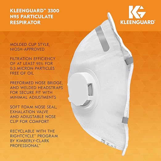Kleenguard™ 3300 Series N95 Particulate Respirator (54626), RA3315V Molded Cup Style, NIOSH-Approved, Exhalation Valve, Regular Fit, White (10 Respirators/Box)-FlexoryFit