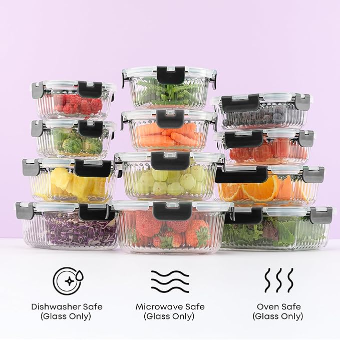 JoyJolt 24pc Borosilicate Glass Storage Containers with Lids | 12 Airtight/Freezer Safe Food Storage Containers for Pantry and Kitchen | Meal Prep Container for Lunch | Glass Tupperware Set-FlexoryFit