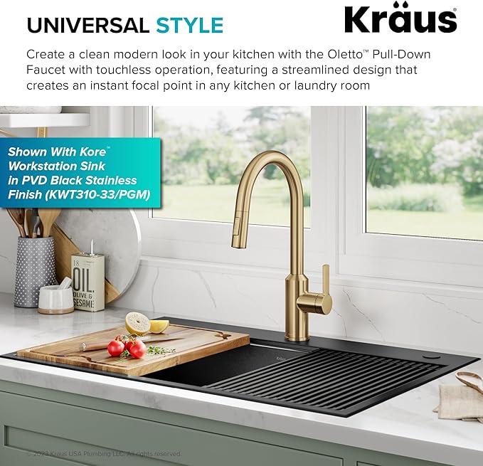 Kraus Oletto Kitchen Faucets Touchless Sensor Single Handle Pull-Down Sprayer in Brushed Brass, KSF-2830BB