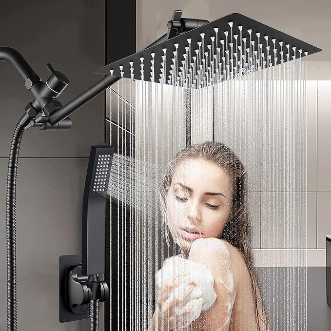 All Metal 12'' Rain/Rainfall Shower Head with Handheld Spray Combo, High Pressure Square Shower Head with 13'' Extension Arm, Dual Black Shower Heads with 78'' Hose, Waterfall Showerhead, BELLEARLY