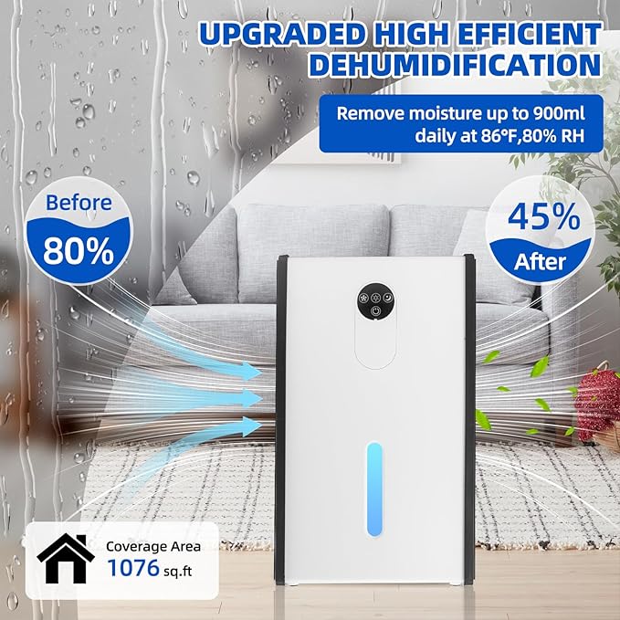 Dehumidifier for 1076 sq.ft,Quiet Portable Moisture Absorber with Auto Shut Off, Auto Defrost,72 OZ Water Tank,Drain Hose,7 Color LED Light,Sleep Mode for Basement Home Bedroom Bathroom RV