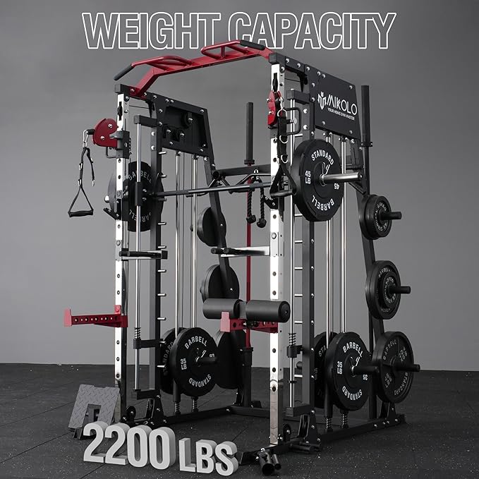 Mikolo Smith Machine, 2200lbs Squat Rack with LAT-Pull Down System & Cable Crossover Machine, Training Equipment with Leg Hold-Down Attachment-FlexoryFit
