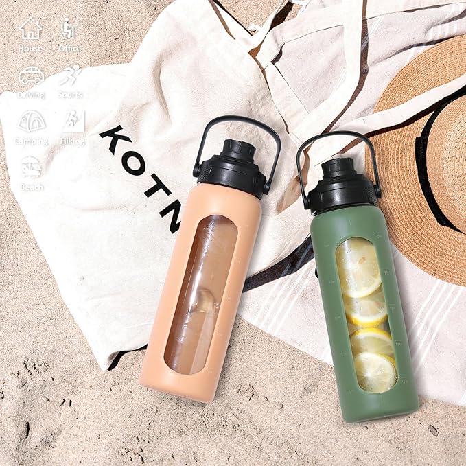 Kodrine Water Bottle with Straw, 24 oz Glass water Bottle with 2 Lids Bamboo Straw Lid and Spout Lid with Handle, 32 oz Clear Water Bottle Glass for Sports Travel, Waterbottle with Time Marker-FlexoryFit