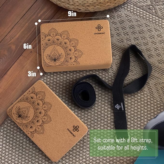 Overmont Cork Yoga Blocks 2 pack with 8ft Strap Natural Cork Bricks- High Density & Eco Friendly Yoga Accessories for Women - Ideal for Yoga Pilates General Fitness and Stretching 9x6x3''-FlexoryFit
