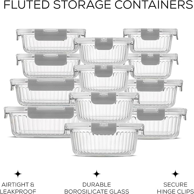 JoyJolt 24pc Borosilicate Glass Storage Containers with Lids | 12 Airtight/Freezer Safe Food Storage Containers for Pantry and Kitchen | Meal Prep Container for Lunch | Glass Tupperware Set-FlexoryFit