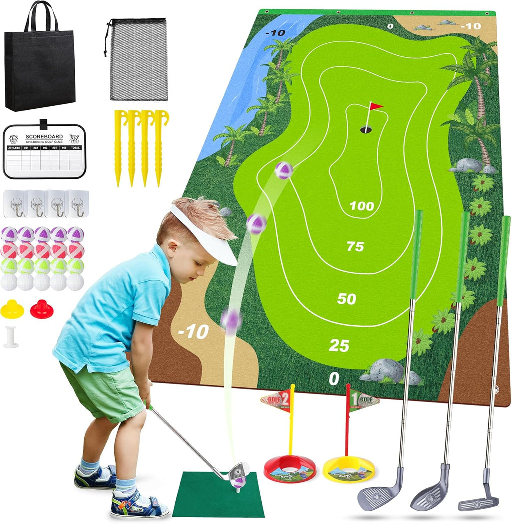 Liberry Kids Golf Set for 3 4 5 6 7 Years Old Boys Girls, Golf Chipping Game with Golf Mat, Sticky Balls, Storage Bag, Retractable Golf Clubs Indoor Outdoor Sports Toy Gift Toss Game(Grey)