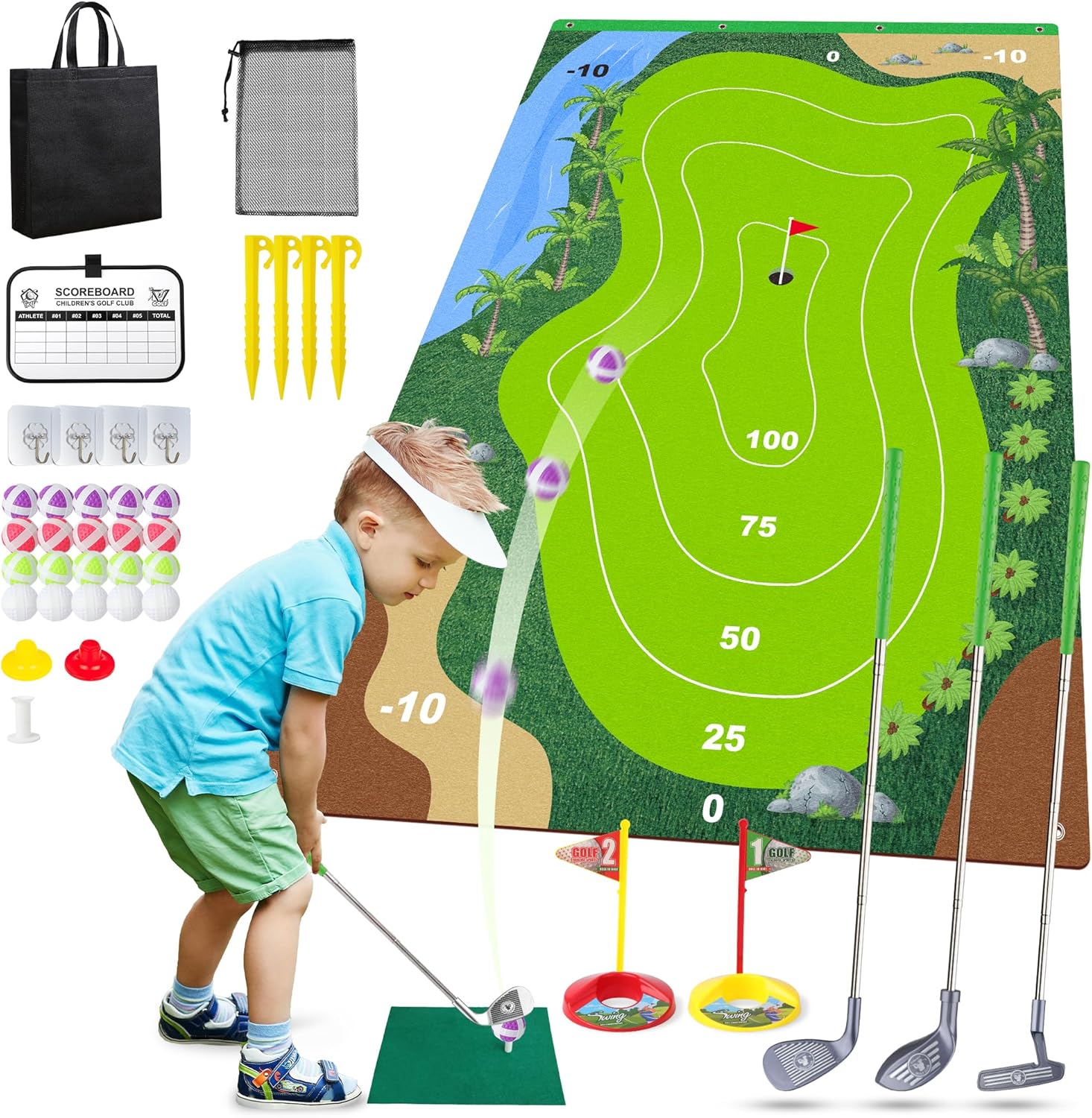 Liberry Kids Golf Set for 3 4 5 6 7 Years Old Boys Girls, Golf Chipping Game with Golf Mat, Sticky Balls, Storage Bag, Retractable Golf Clubs Indoor Outdoor Sports Toy Gift Toss Game(Grey)