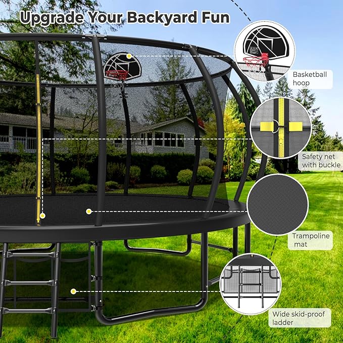 10 12 14 15 16FT Outdoor Trampolines for Kids and Adults, Pumpkin Trampoline with Curved Poles, Recreational Trampoline with Basketball Hoop and Safety Enclosure Net for Kids and Adults-FlexoryFit