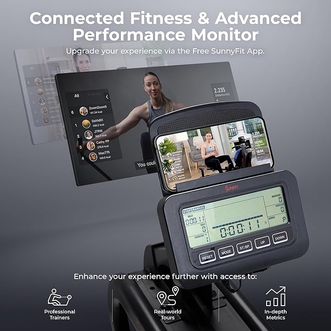 Sunny Health & Fitness Flip & Foldable Rowing Machine for Home w/Extended Slide Rail, Full-Body Workout, Low-Impact, Optional Extra Long Rail, Quiet Rail Cover, Water Motion and Free SunnyFit App-FlexoryFit