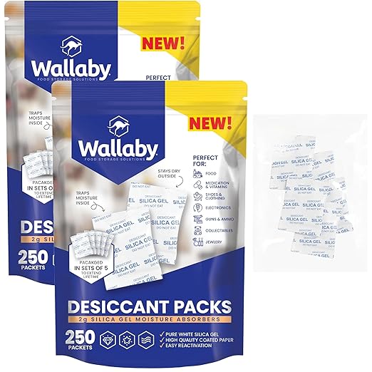 Wallaby 2 gram (500 Packets) Food Safe Pure White Silica Gel Desiccant Dehumidifier Packs - Rechargeable & Coated Moisture Absorbers - Protects Against Moisture Damage - (Packed in 100x Sets of 5)