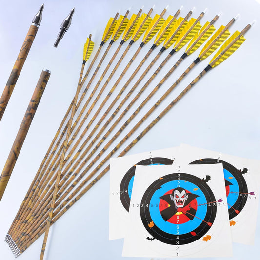 AMEYXGS Camo Carbon Arrow 30 Inch Practice Hunting Arrow Spine 500 with 4 Inch Turkey Feathers for Traditional Recurve Compound Bows