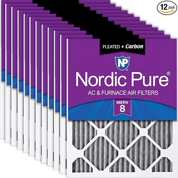 Nordic Pure 18x20x1 (17 1/2 x 19 1/2 x 3/4) Furnace Air Filters MERV 8 Pleated Plus Carbon 12 Pack