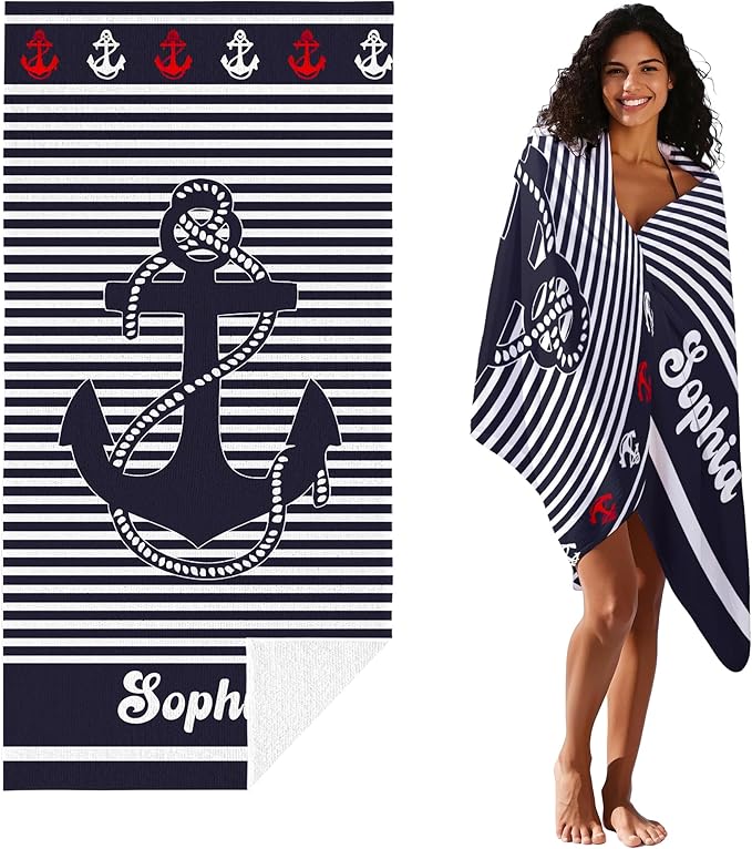 JML Personalized Beach Towel with Name, Custom Anchor Beach Towel, Customized Microfiber Pool Towel, Quick Dry & Absorbent Swim Towel for Adult,Anniversary, Birthday, Summer Holiday,Vacation-FlexoryFit