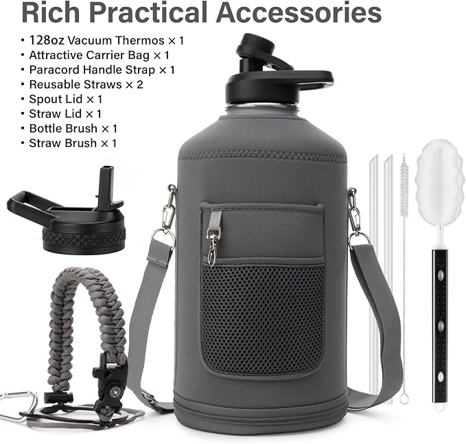 1 Gallon Water Bottle Insulated | Thickened Stainless Steel Vacuum Metal Water Jug | Portable Sports Large for Gym and Hiking with Straw, Carrier Bag, Handle Strap | BPA-Free 128 oz-FlexoryFit