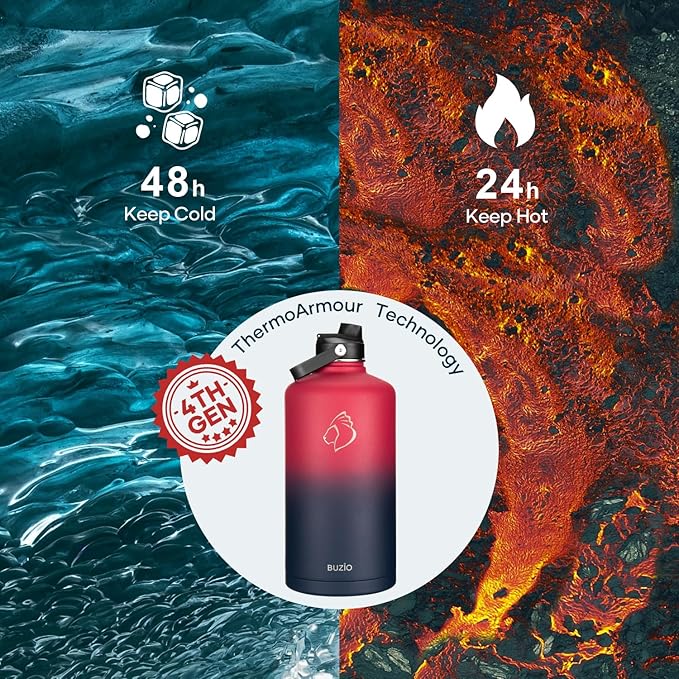 128oz Insulated Water Bottle, BUZIO Gallon Water Jug with Straw Lid and Carrying Sleeve (Cold for 48 Hrs) Stainless Steel Hydro Metal Canteen Water Flask, Ruby Red Navy-FlexoryFit