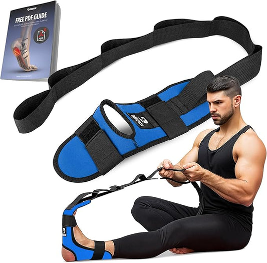 DMoose Fitness Foot & Calf Stretcher with Adjustable Padded Stretching Strap for Plantar Fasciitis, Hamstring, Heel Spurs and Achilles Tendonitis Relief - Yoga Leg Stretch Strap for Flexibility-FlexoryFit