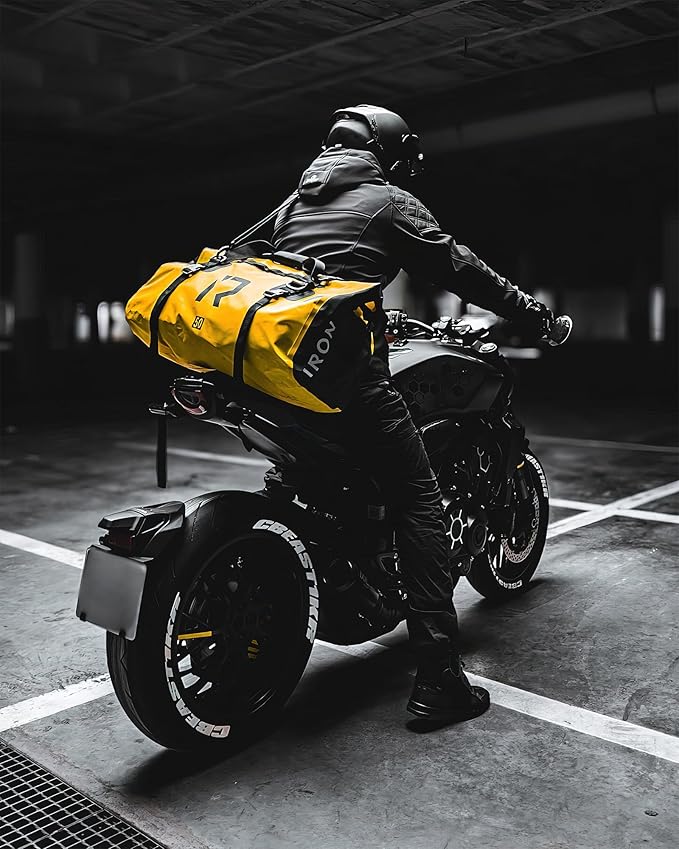 BORLENI Waterproof Motorcycle Dry Duffel Bag Luggage Tail Bag with Large Storage Space,Roll Top Closure, Shoulder Straps, Inner Pocket and Mesh Pocket for Motorcycling Travel Camping(Yellow,50L)