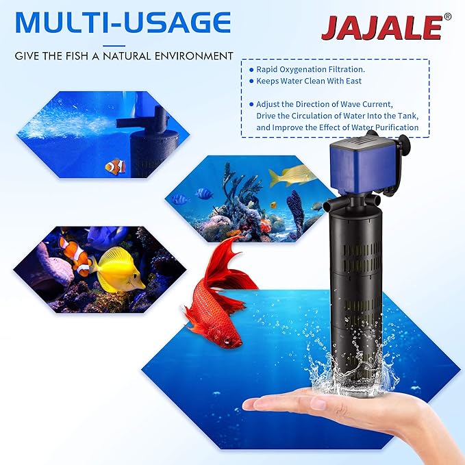 475 GPH Internal Filter Submersible Pump - 3 in 1 Aquarium Fish Tank Pump with Oxygenation, Filtration & Water Cycling, 5 ft max lift, 25W