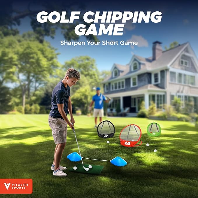 Vitality Sports Golf Chipping Net, 3PCS Pop-Up Golf Practice Net for Backyard, Indoor Outdoor Chipping Game with 3 Targets, 1 Hitting Mat, 20 Balls, Tee Box, Golf Gift for Men
