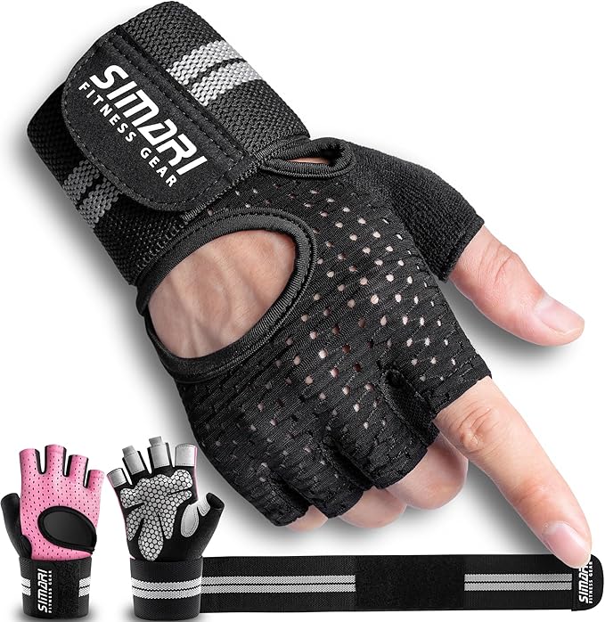 SIMARI Breathable Workout Gloves for Men Women, Padded Weight Lifting Gloves with Wrist Wraps Support, Full Palm Protection, Grip for Gym Training, Fitness, Weightlifting, Exercise Fingerless Black-FlexoryFit
