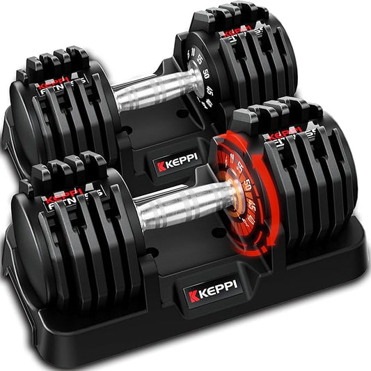 Keppi Adjustable Dumbbells Set-25lb/40lb/55lb/60lb, Anti-Slip Metal Fast Adjust Weight Handle, Exercise & Fitness for Full Body Workout - Adjustable Dumbbell Series-FlexoryFit