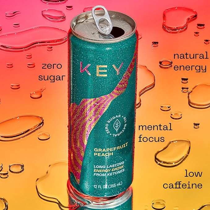 KEY Ketone Energy Drink : Sugar Free, 80mg Low Caffeine, All Natural, 11.5g Ketones, Long Lasting Energy, Green Tea & L-Theanine for Mental Focus, Grapefruit Peach (Pack of 12)-FlexoryFit