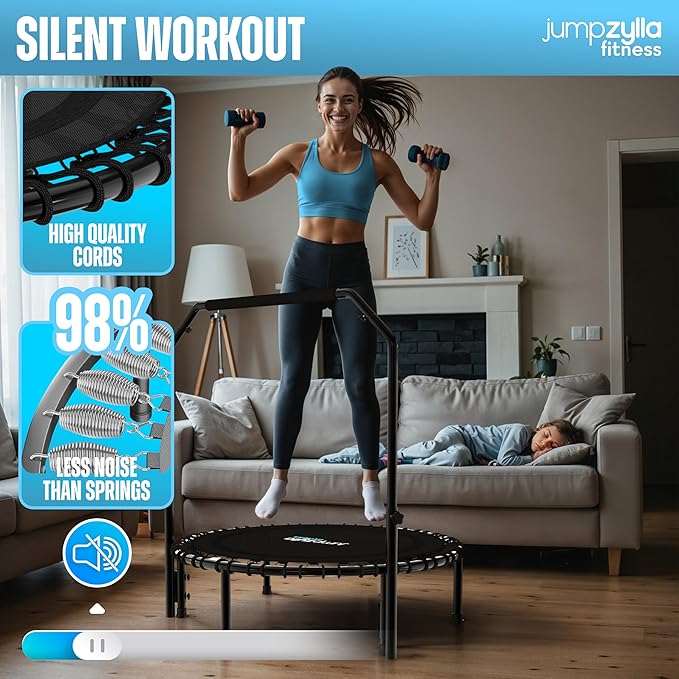 Jumpzylla Fitness Trampoline 40" or 48" | Foldable Mini Rebounder Trampoline for Adults with Bar | Durable, Quiet, Low-Impact Exercise Equipment for Indoor and Home Workouts (550 LBS Capacity)-FlexoryFit