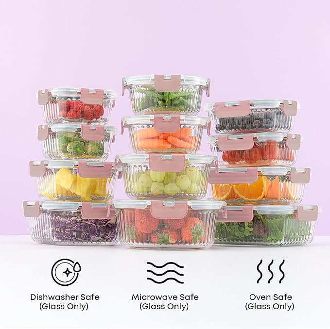 JoyJolt 24pc Borosilicate Glass Storage Containers with Lids | 12 Airtight/Freezer Safe Food Storage Containers for Pantry and Kitchen | Meal Prep Container for Lunch | Glass Tupperware Set-FlexoryFit