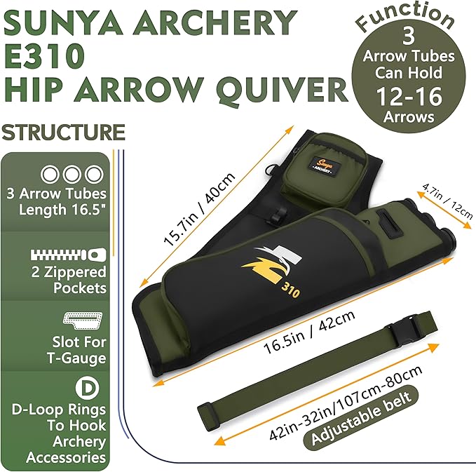 SUNYA Archery Hip Quiver for Arrows. Includes 3 Tubes Arrow Holder, Accessories Pockets and Waist Belt. Fit for Compound and Recurve Bow Practice.