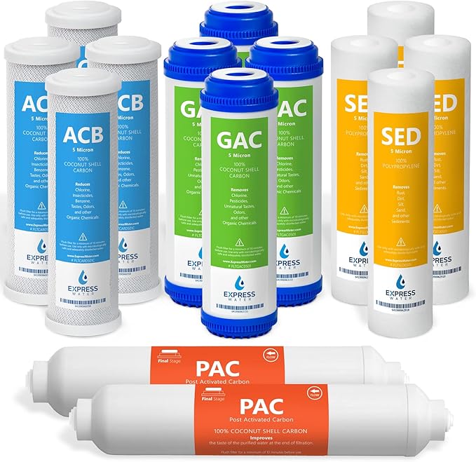 Express Water – 2 Year Reverse Osmosis System Replacement Set –, Carbon GAC, ACB, PAC, Sediment SED – 10 inch Size Water