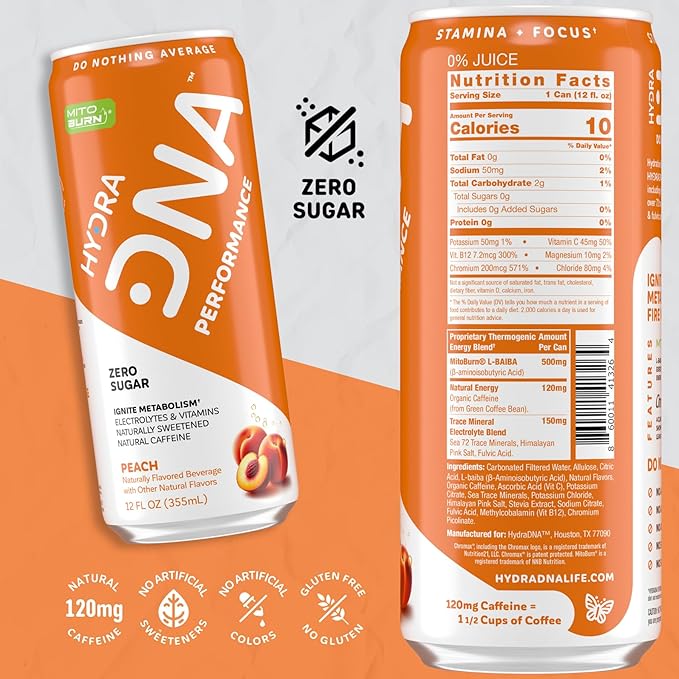 HYDRADNA- Clean Performance Drink, Zero Sugar | For Natural Fuel, Alertness, Boost, Stamina,120 mg Organic Caffeine, Natural Flavors, Zero Sucralose, Clean Ingredients (12 Pack) (12 Pack, Peach)-FlexoryFit