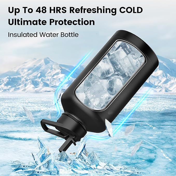 Insulated Water Bottle 87 oz, Triple Wall Vacuum Stainless Steel(Cold for 48 Hrs),Leak Proof & BPA-Free,Half Gallon Water Bottle with Reflective Paracord & Flip Straw for Sports & Travel, Black-FlexoryFit