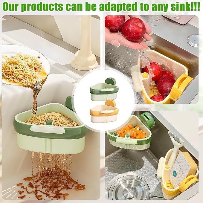 Suction Cup Sink Corner Rack,Sink Strainer Basket,Plastic Sink Storage Rack Holder,Triangle Sink Filter Basket,Corner Sink Trash Catcher for Food Waste (Green)