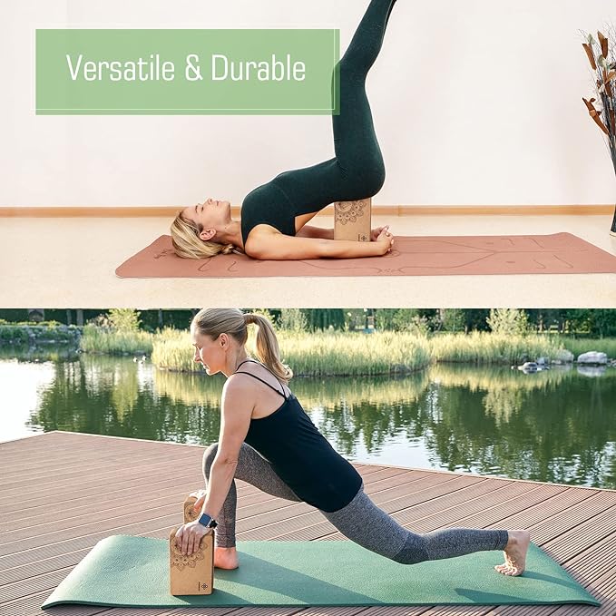 Overmont Cork Yoga Blocks 2 pack with 8ft Strap Natural Cork Bricks- High Density & Eco Friendly Yoga Accessories for Women - Ideal for Yoga Pilates General Fitness and Stretching 9x6x3''-FlexoryFit