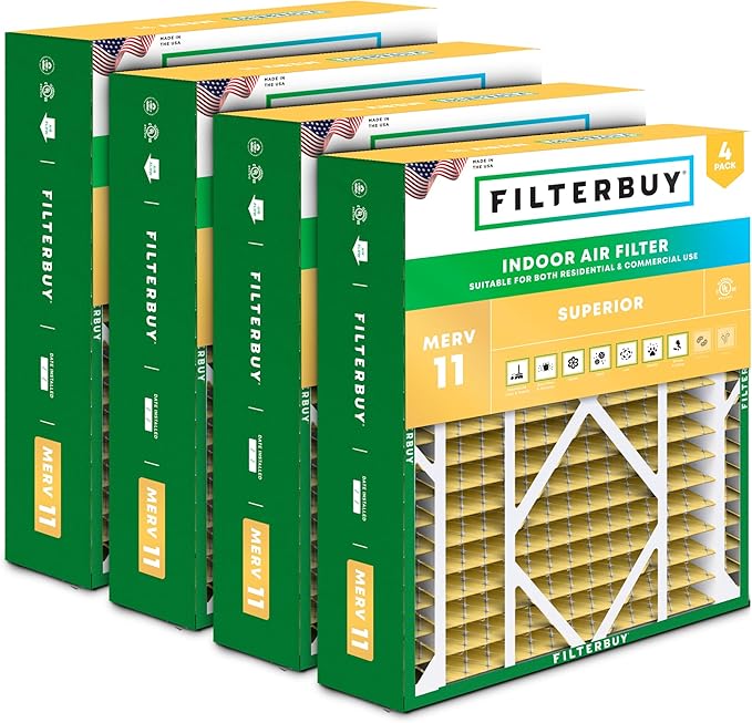 Filterbuy 24x25x5 Air Filter MERV 11 (MPR 1200) Allergen Defense Replacement (4-Pack), Pleated HVAC AC Furnace Filters for Carrier FILXXCAR0024, Maytag, and More (Actual Size: 23.63 x 24.69 x 4.25)