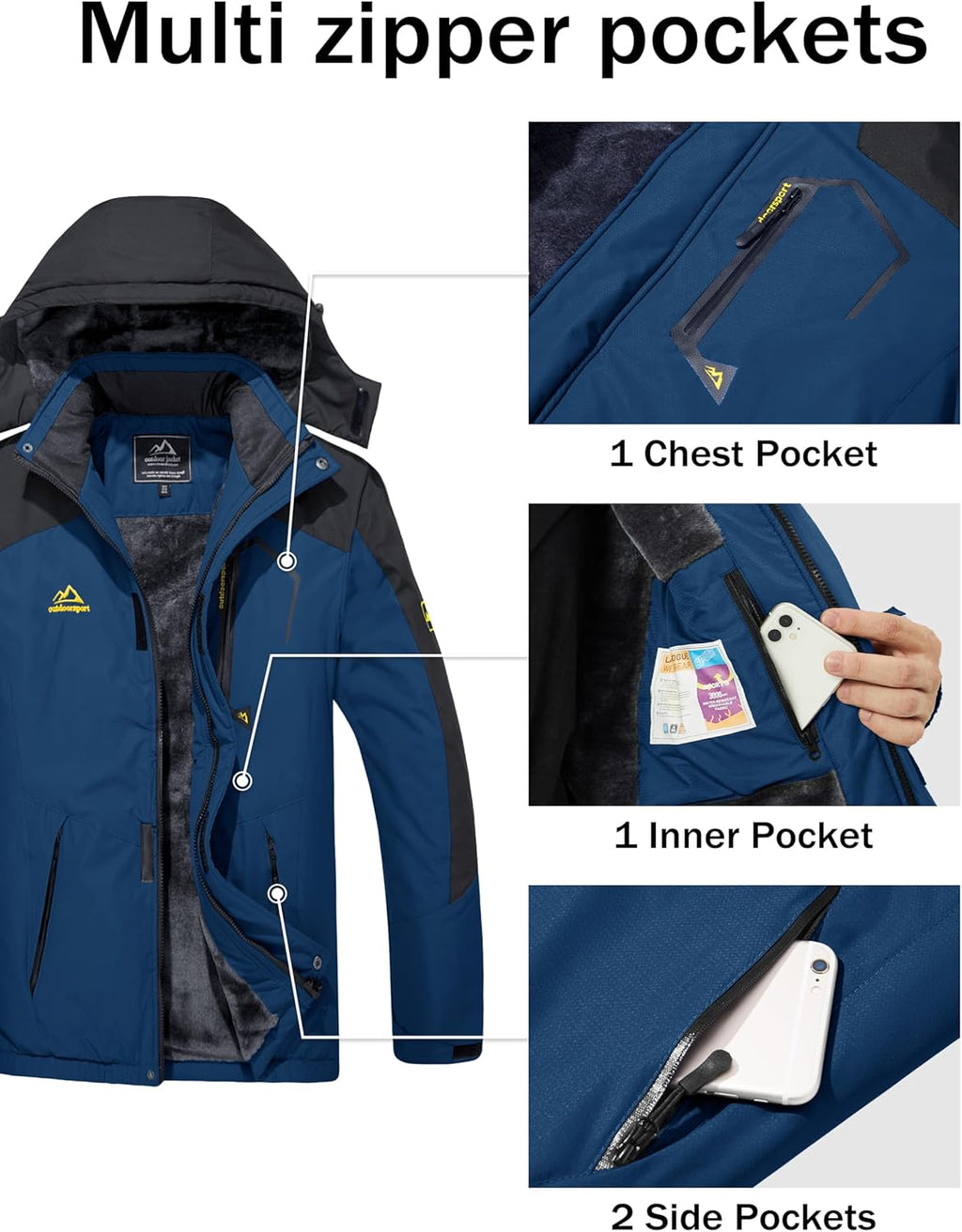 MAGCOMSEN Men's Winter Coats Water Resistant Ski Snow Jacket Warm Fleece Jacket Parka Raincoats With Multi-Pockets