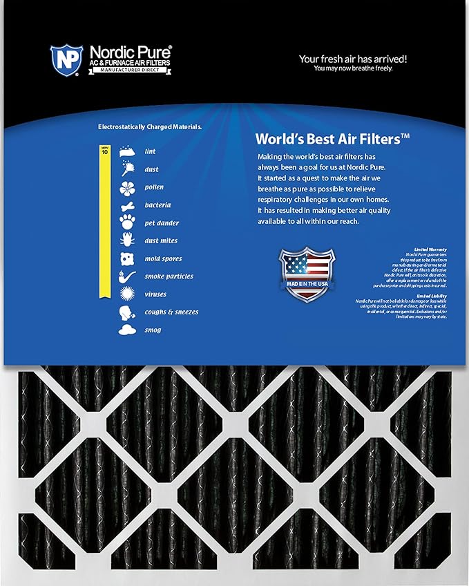 Nordic Pure 12x12x1 (11 3/4 x 11 3/4 x 3/4) Furnace Air Filters MERV 10 Pleated Plus Carbon 6 Pack
