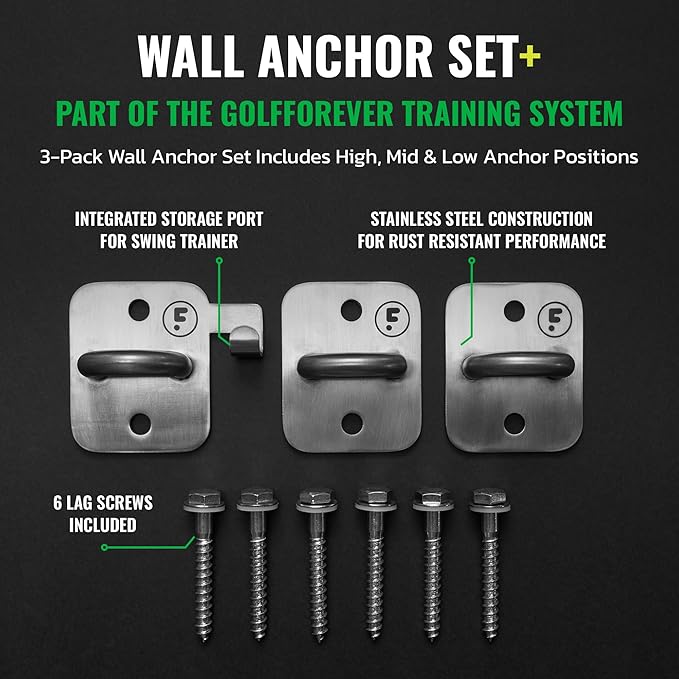 GolfForever Wall Anchor Set Proven by Golfer Scottie Scheffler | Golf Swing Training Wall Anchor Point | Premium Golf Training Workout Exercise Equipment to Expand Movements | 3-Pack | 6 Lag Screws-FlexoryFit