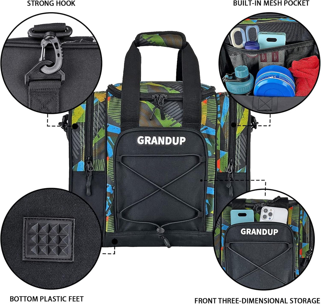 GRANDUP Bowling Ball Bag for Single Ball - Black Bowling accessories Ball Tote Bag Bowling Bag with Padded Ball Holder - Fits Bowling Shoes Up to Mens Size 14