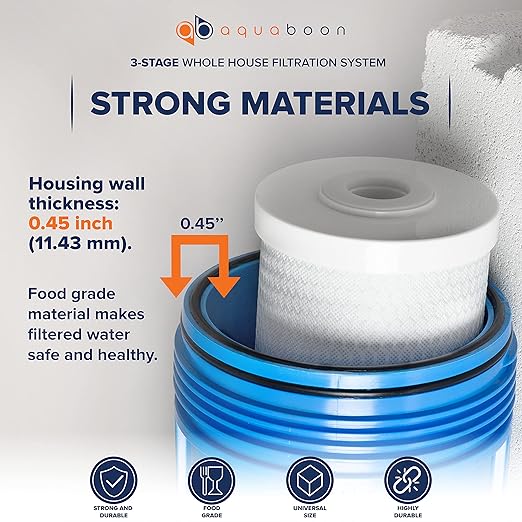 Aquaboon 3-Stage Whole House Water Filter System with 20x4.5 CTO, GAC, Sediment Filters & Prefilter, Gauge & Release, Wrench, Freestanding Steel Frame