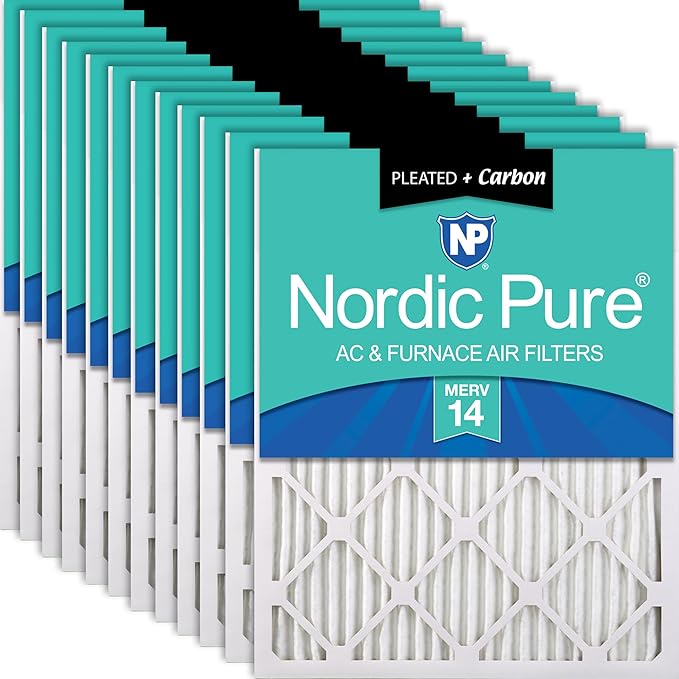 Nordic Pure 12x12x1 (11 3/4 x 11 3/4 x 3/4) Pleated Air Filters MERV 14 Plus Carbon 12 Pack