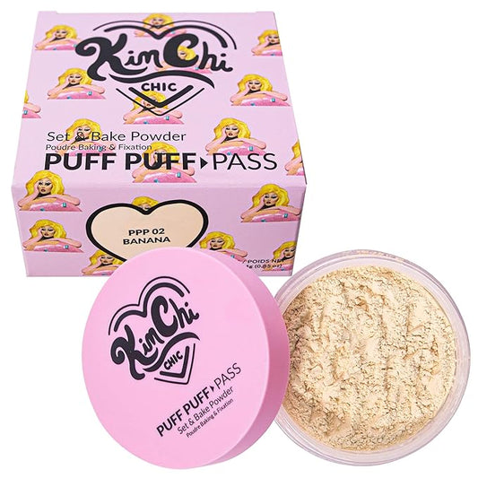 Kimchi Chic Beauty Puff Puff Pass Set and Bake Setting Powder for Makeup, Extra Fluffy Loose Face Powder Poof, Soft Natural Face Makeup for Uneven Skin Tone, 02 Banana-FlexoryFit