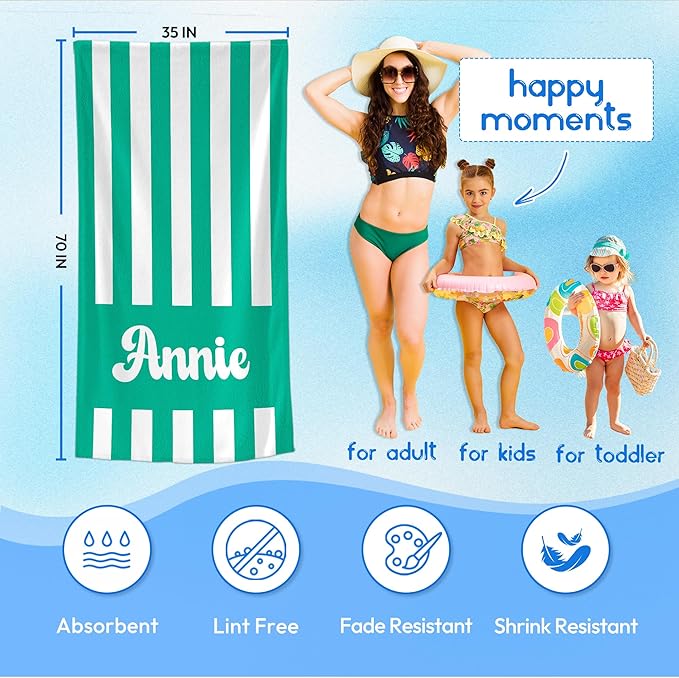 JML Personalized Beach Towel with Name, Custom Cabana Stripe Beach Towel, Customized Microfiber Pool Towel, Quick Dry & Absorbent Swim Towel for Adult,Mother's Day, Birthday, Summer Holiday,Vacation-FlexoryFit