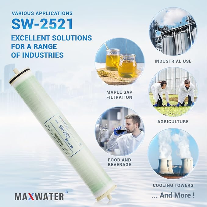 Max Water 25" x 21" SW-2521 RO Membrane Element- Sea Water RO 350 GPD for Desalination, Commercial, Agricultural, Municipal water Treatment, 99.6% Rejection Rate compatible with SW30-2521 M-S2521A
