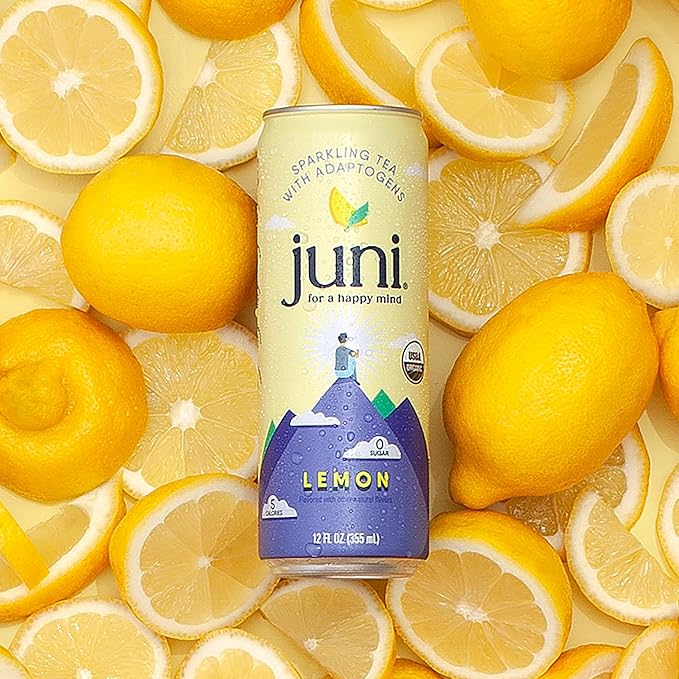 Juni Sparkling Adaptogen Drink with Ashwagandha, Lion’s Mane & Reishi Mushrooms | Green Tea for Focus, Zero Sugar, 5 Calories, Organic | Non Alcoholic Drinks - Lemon 12 pack-FlexoryFit