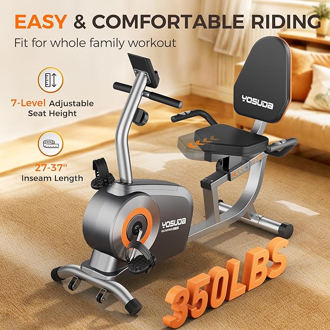 YOSUDA Recumbent Exercise Bike for Home，Magnetic Staionary Bike for Seniors/Adults with Adjustable Seat, 350LB Capacity, 16-level Resistance, LCD Monitor & Pulse Sensors-FlexoryFit
